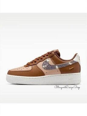 Bling Nike Air Force 1 07 Brown Shoes Sneakers Customized With Crystals